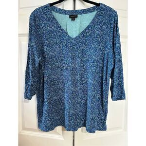 J. Jill Women's Blue Paisley V-Neck Blouse Size M 3/4 Sleeve Casual